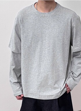 BasicMatch花灰色抗菌速干假两件长袖T恤