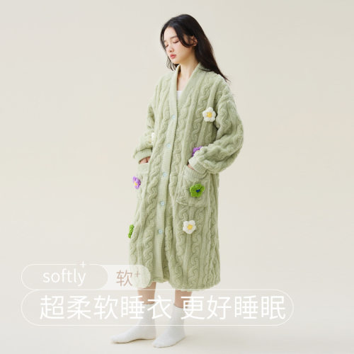 法国entle motto暖感秋冬季女士珊瑚绒睡袍加厚长款浴袍加绒新款