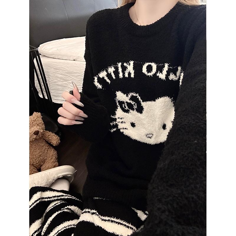 法国entle motto潮女装kitty猫半边绒睡衣秋冬新款家居服可外穿