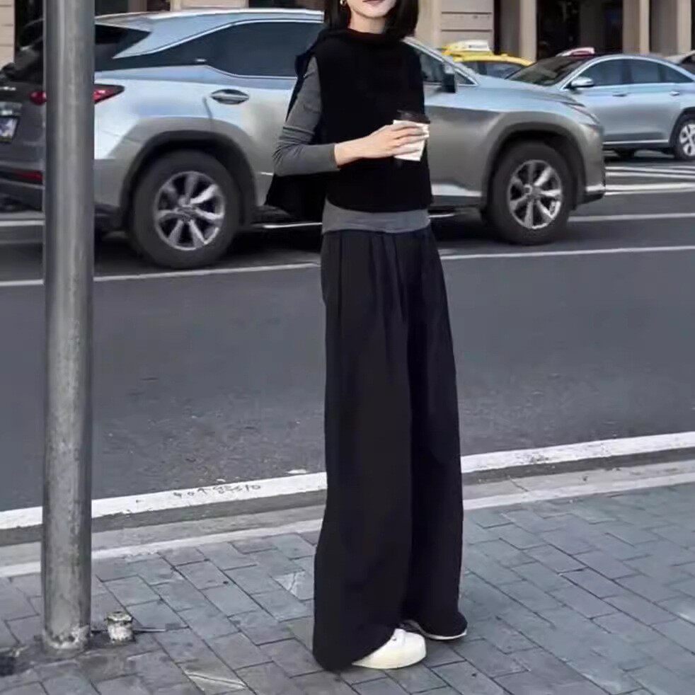 法国george melis秋季新款慵懒风黑色无袖马甲高腰休闲长裤女