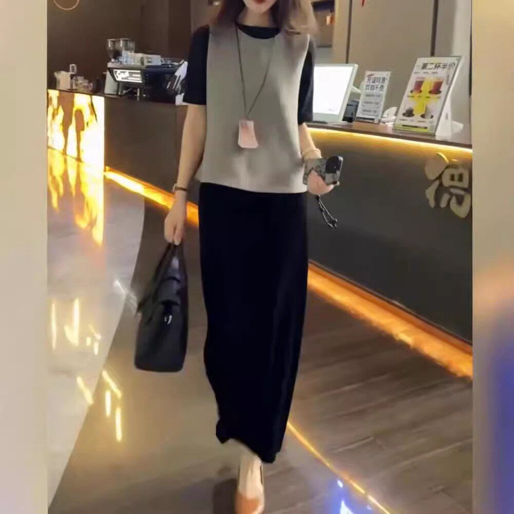 法国george melis秋季新款简约无袖马甲上衣开叉半身裙洋气女