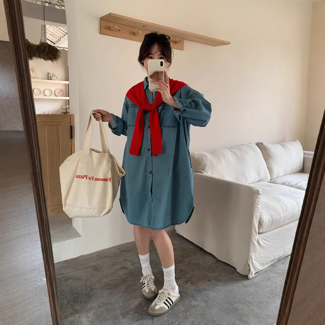日本微风系列春季新款时尚孕妇装水洗牛仔衬衫宽松休闲中长款孕妇