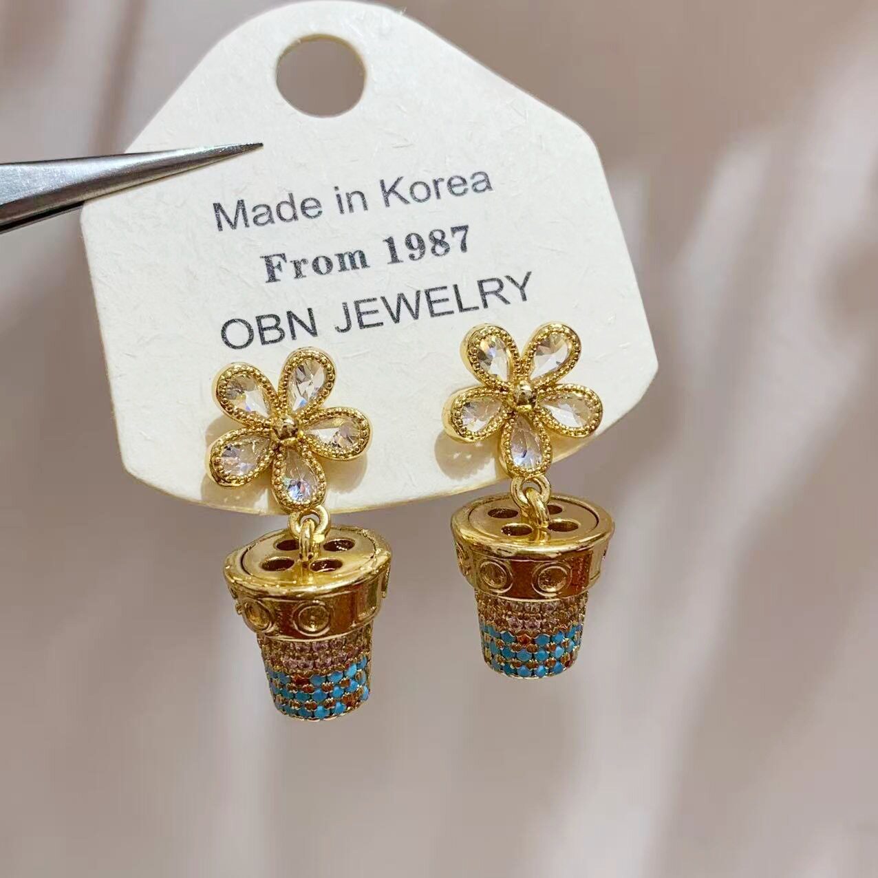 法国Gentle Motto锆石花朵花盆耳钉小众设计轻奢高级感耳环时尚