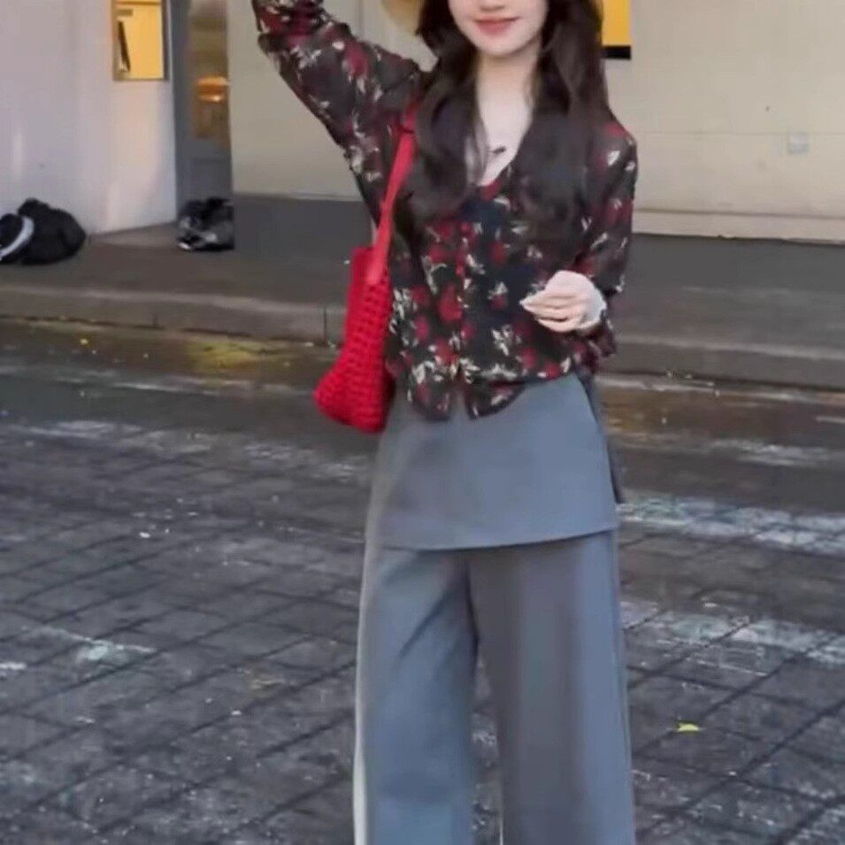 法国george melis夏季新款长袖防晒花衬衫带屁帘阔腿裤时尚女