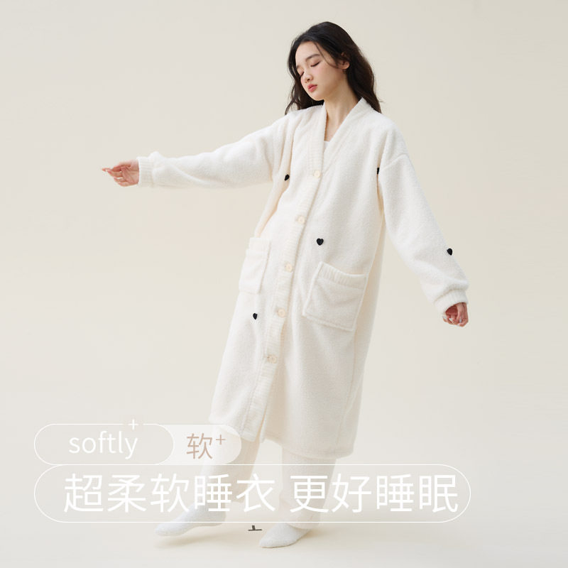 法国entle motto新款秋冬季珊瑚绒加厚女士长睡袍睡衣情侣家居服
