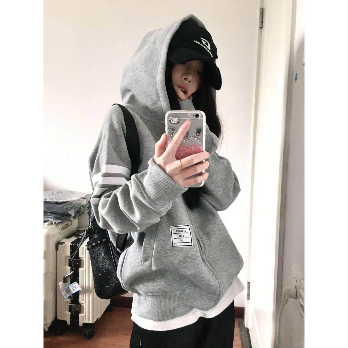 美式复古高街风撞色条纹连帽卫衣女春秋新款百搭宽松灰色开衫外套