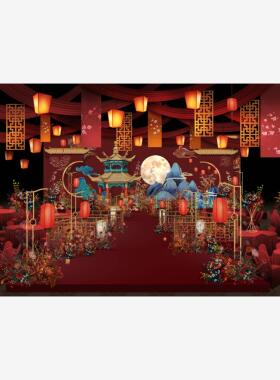 红色中式吊顶新娘出场区婚礼合影区分层素材婚礼素材psd源文件