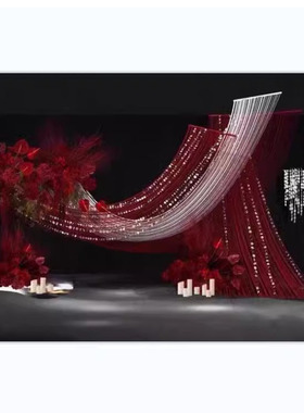 红色布幔线帘白色银色亮片迎宾婚礼小众效果图Ps文件设计素材婚礼