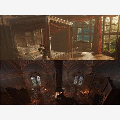 Blender中世纪风格室内场景3d模型 木床地毯花瓶屏风窗帘素材1780