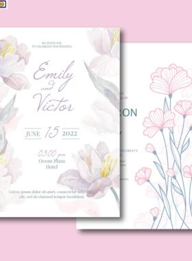 粉紫色清新淡雅水彩花卉订婚礼邀请函贺卡迎宾海报开业背景AI素材