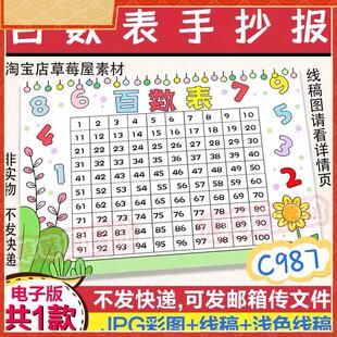 百数表数学手抄报1-100数字小学生黑白涂色线稿电子版百数表小报