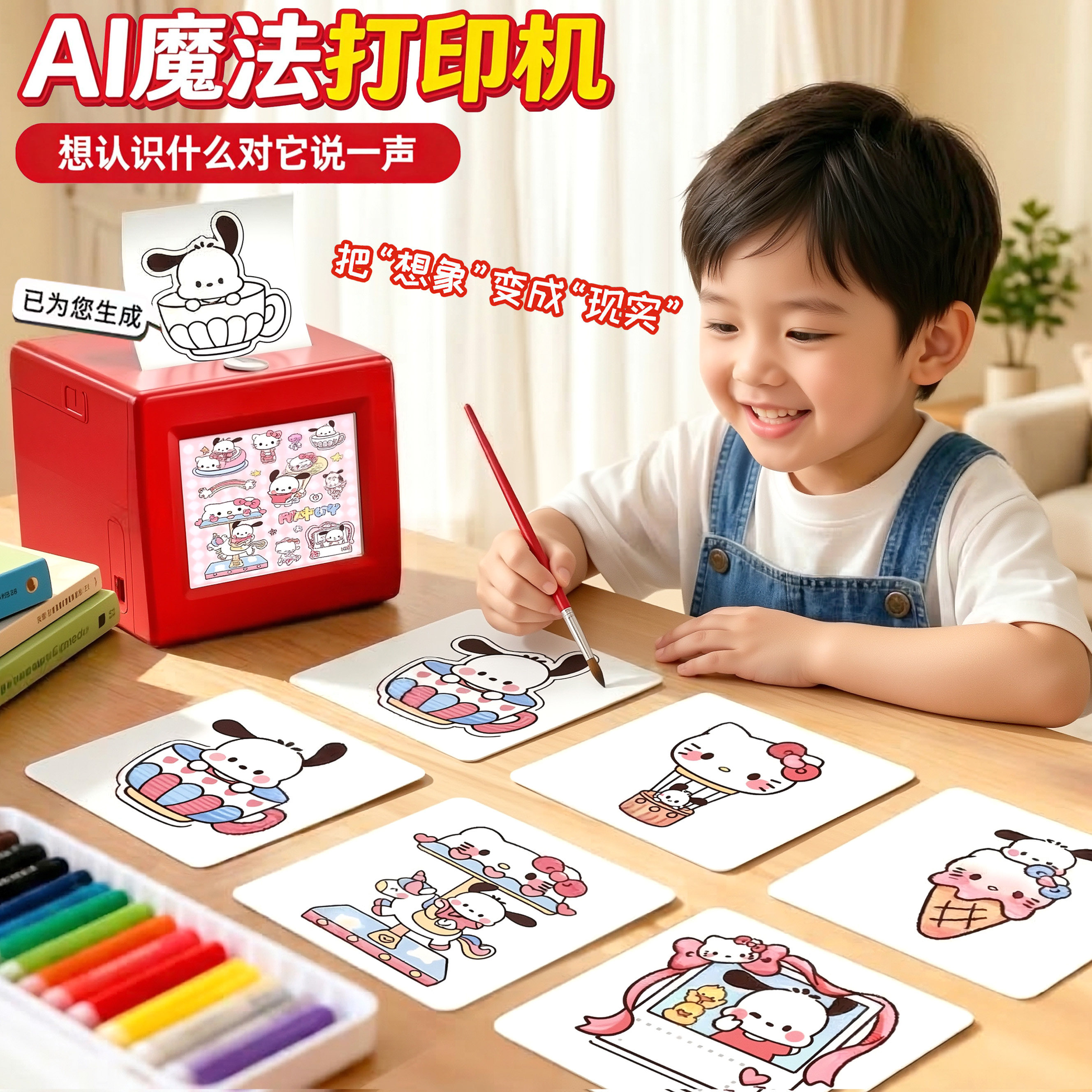 AI智能语音打印机儿童涂色卡片互动益智卡通小宝宝绘画玩具幼儿园