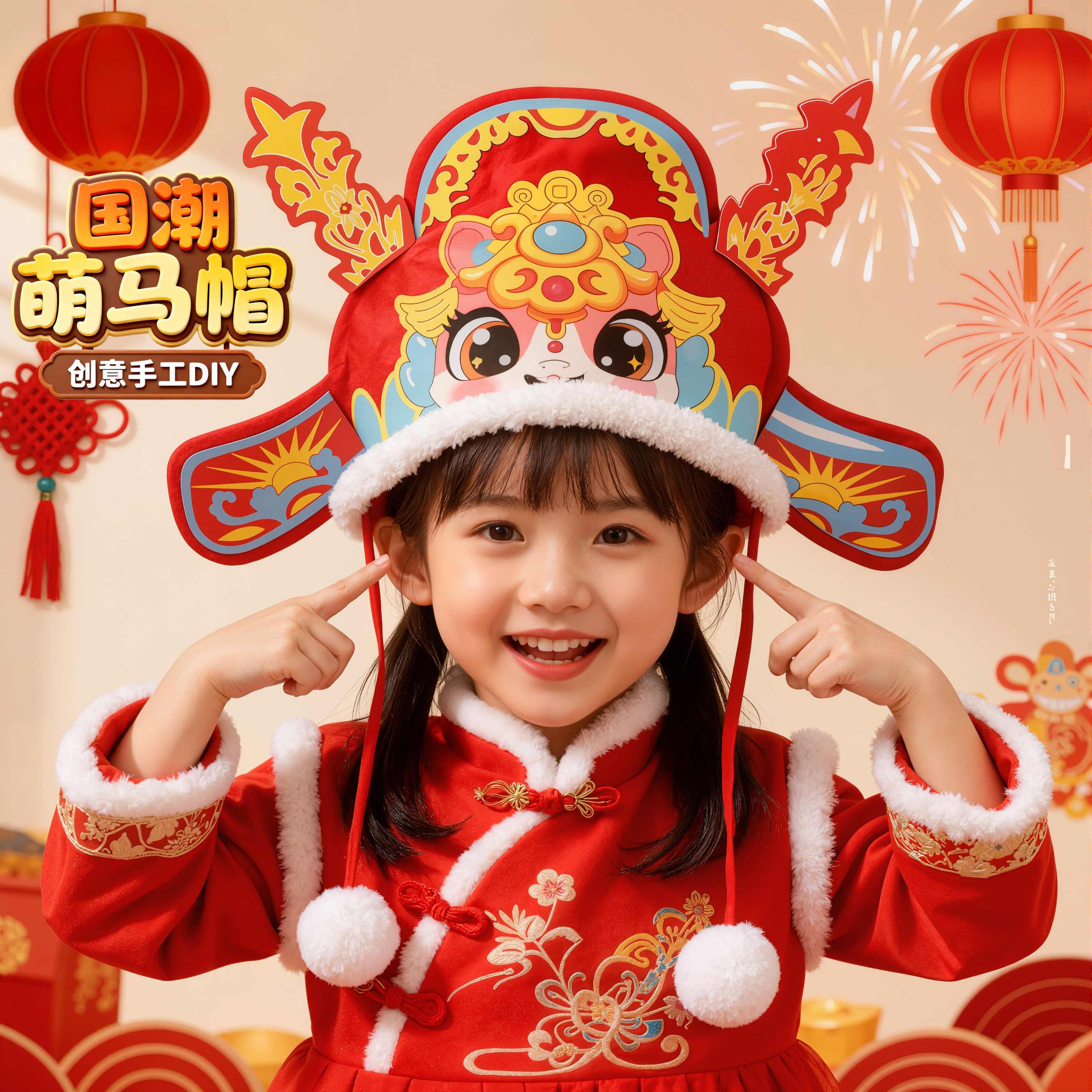 马年新年拜年帽子手工diy材料包拍照道具6儿童红色头套吉祥物年兽