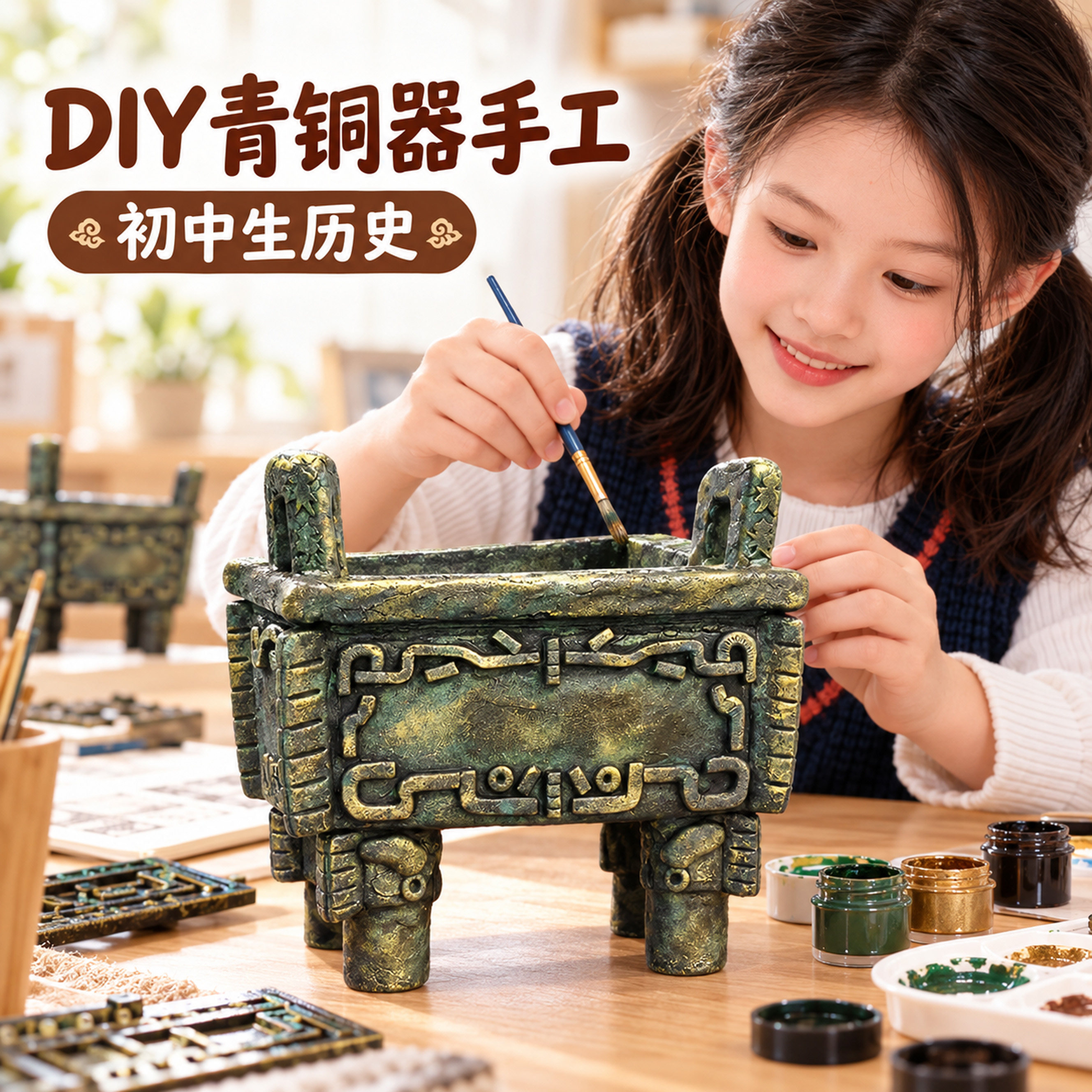 木质司母戊鼎青铜器白坯手工diy历史作业自制黏土模型摆件材料包
