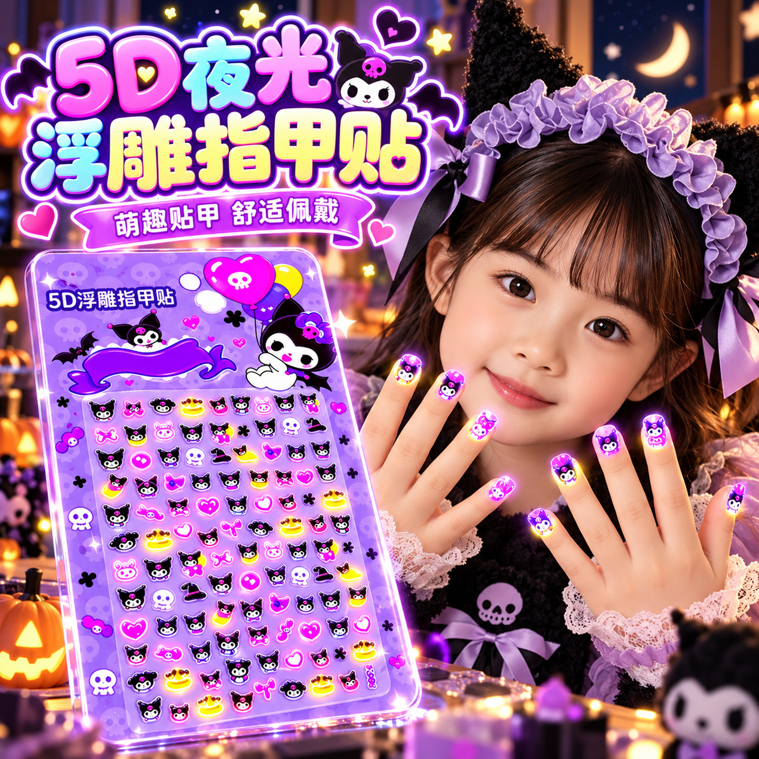 夜光儿童指甲贴3到6岁小女孩宝宝玩具5d立体浮雕公主美甲发光贴纸