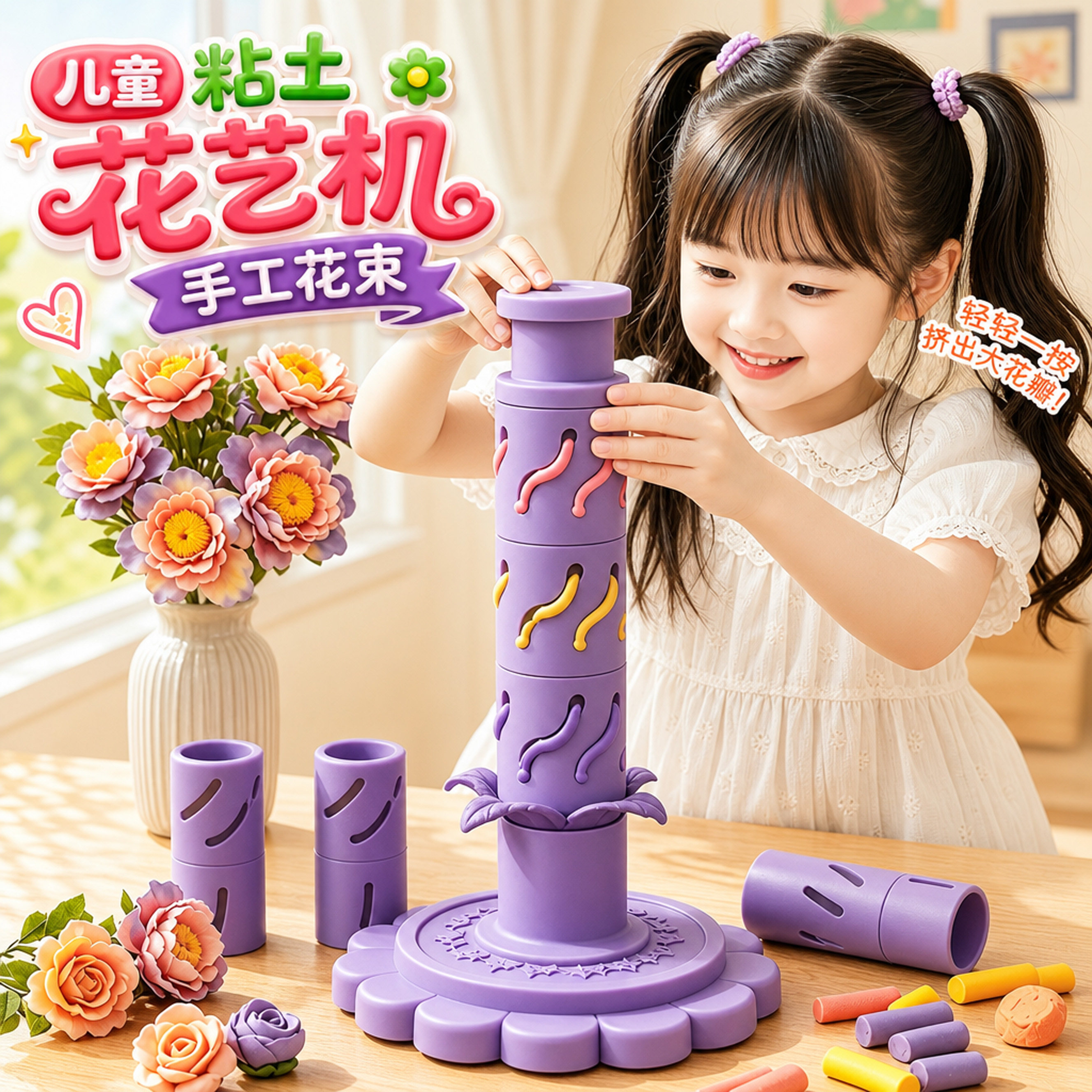 橡皮泥彩泥压花器儿童女孩手工diy花艺机幼儿园制作材料鲜花压花机按压模型亲子互动玩具生日礼物超轻粘土