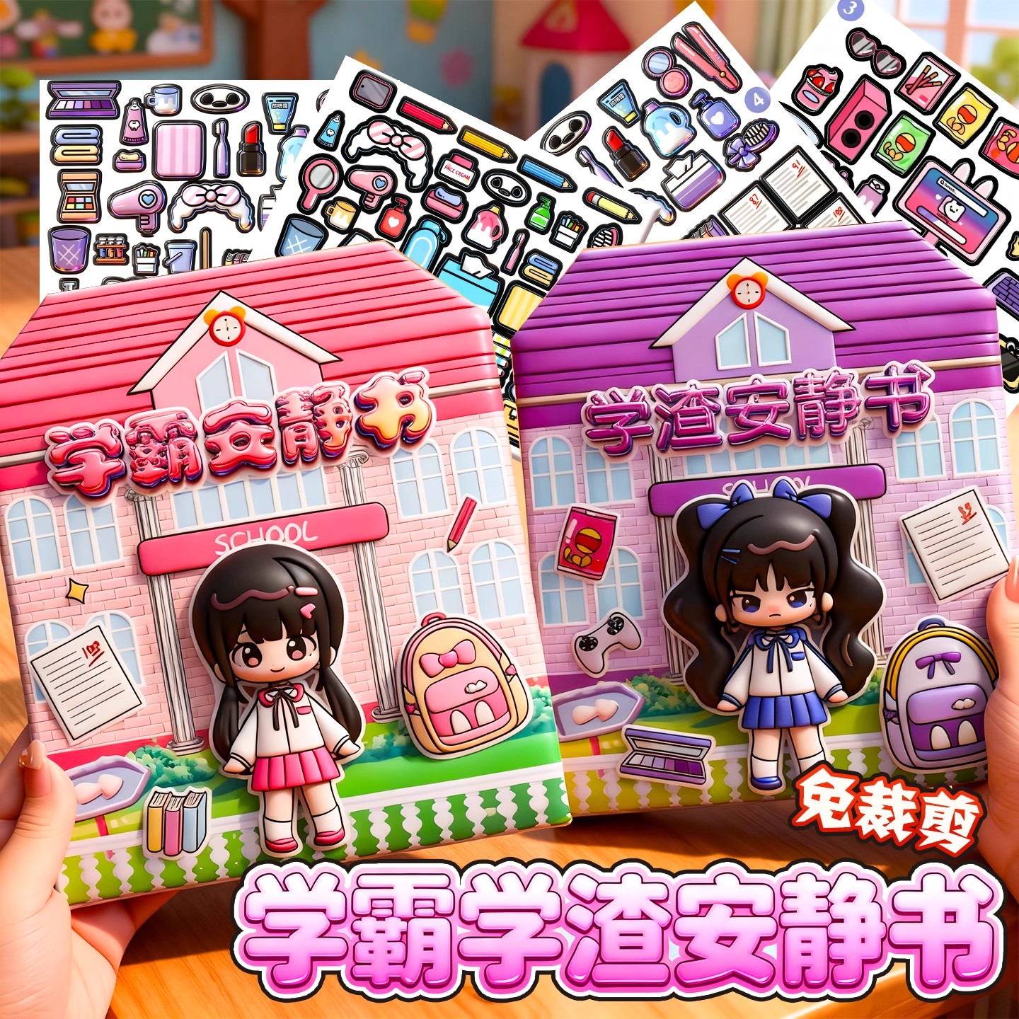 儿童新款学霸学渣安静书手工diy免裁剪果冻贴纸材料包6女益智玩具