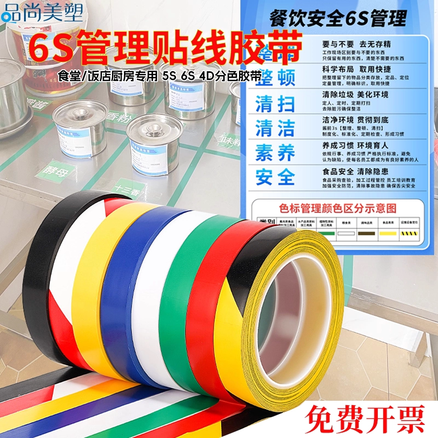 6S管理定位胶带彩色餐饮安全6S管理贴线分区窄胶布5S厨房酒店后厨4D定值贴线红色黄色贴纸 - 实物图