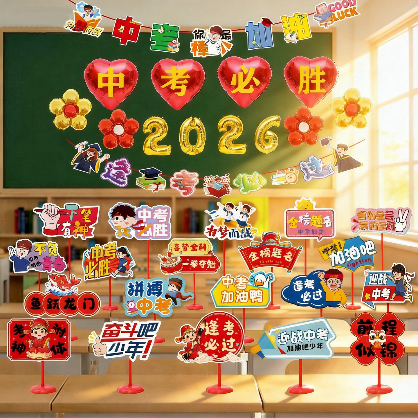 2026初三中考必胜教室布置黑板装饰气球桌面摆件加油鼓举牌装扮用