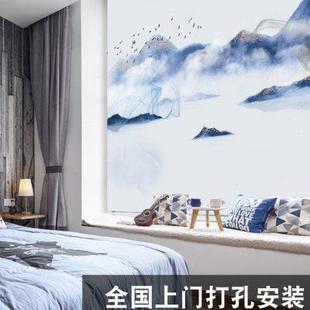 窗帘免打孔安装 新中式 山水风景字画遮光帘客厅卧室办公室升降卷式