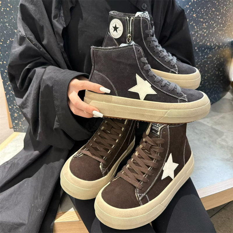厚底高帮鞋女2025冬季新款软底百搭时尚休闲擦色做旧星星板鞋女潮