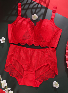 红色内衣套装马年本命年大胸显小薄款全罩杯新年属马文胸内裤一套