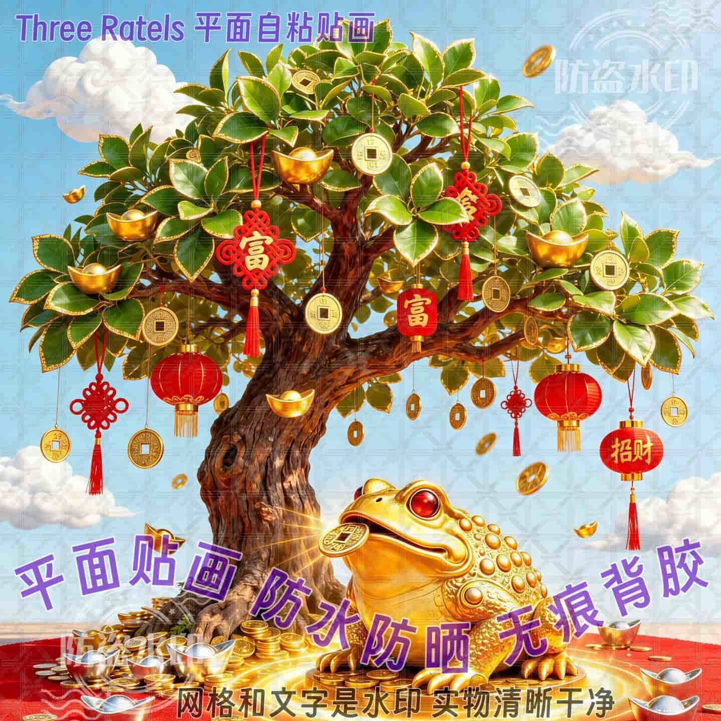 摇钱树金蟾纳福自粘贴画招财进宝门贴纸贴墙客厅家居背景风水装饰