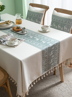 桌布布艺棉麻小清新日系简约北欧风小鹿绿色精致花边学生台布盖布