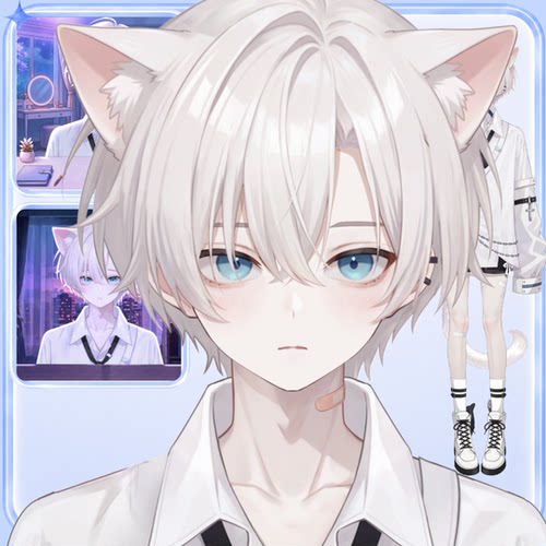 live2d虚拟主播成品公皮白发猫男抖音直播虚拟形象设计虚拟主播
