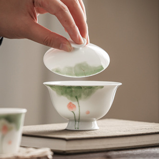 手绘墨画青荷二才盖碗陶瓷泡茶碗高脚单个泡茶器茶杯家用功夫茶具