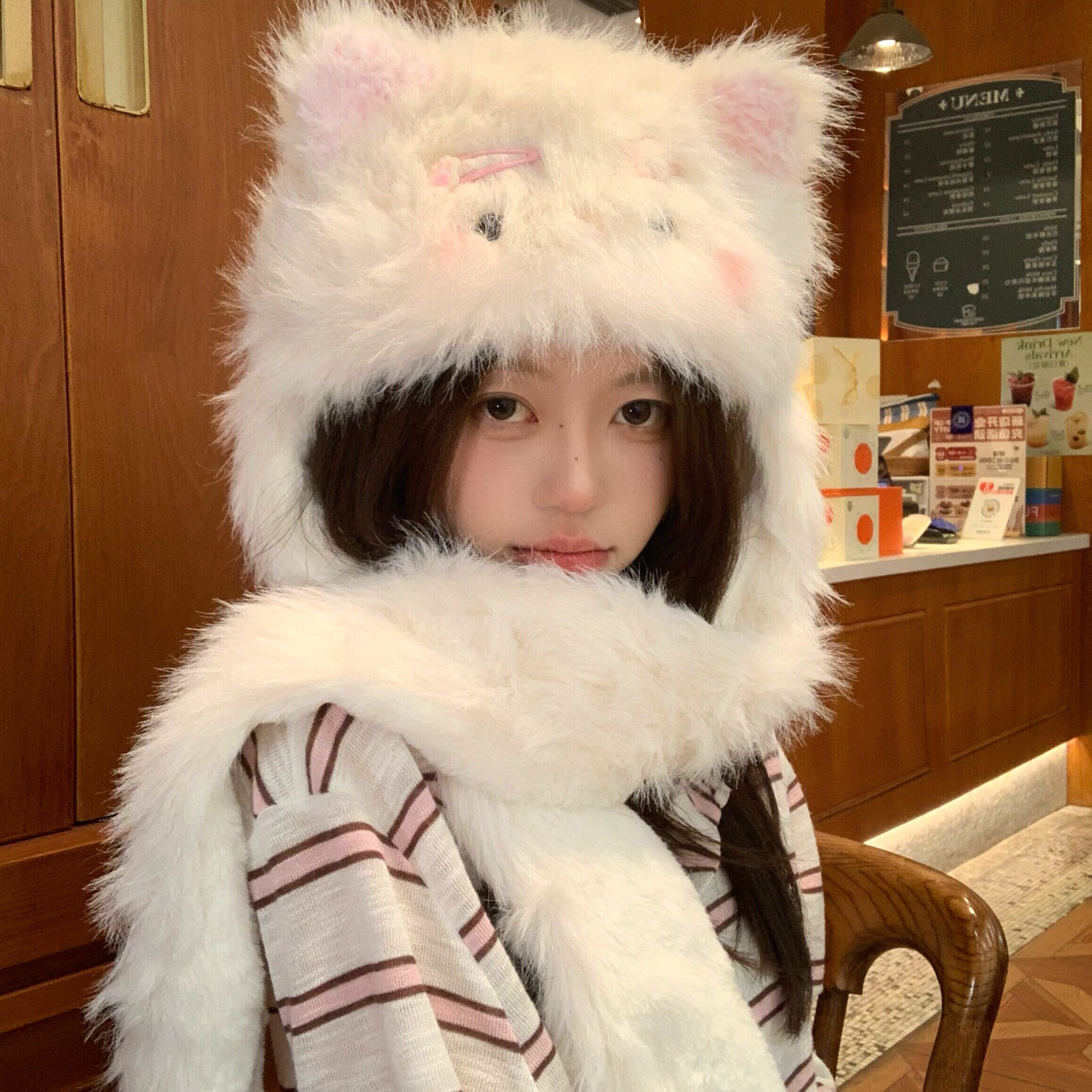 KELUSI联名款发夹猫咪毛绒帽子围巾一体女冬季加厚保暖防寒护耳帽,服饰配件/皮带/帽子/围巾,帽子,淘宝优惠券,粉丝福利购,淘宝优惠卷