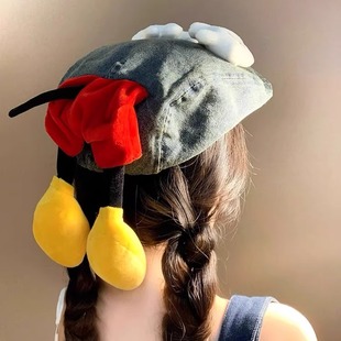 GN可爱卡通米奇屁屁前进帽女水洗牛仔贝雷帽大头围显脸小百搭帽子