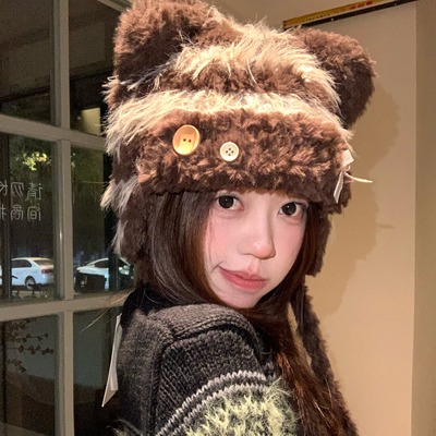 深咖色“显白”甜美猫耳朵毛绒帽