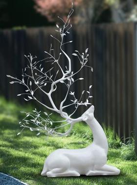 不锈钢大角鹿户外景观小品金属鹿雕塑酒店售楼部大堂迎宾大型摆件