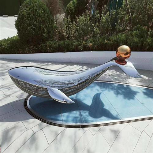 不锈钢鲸鱼雕塑金属镜面海豚海洋动物雕塑户外大型园林水景摆件