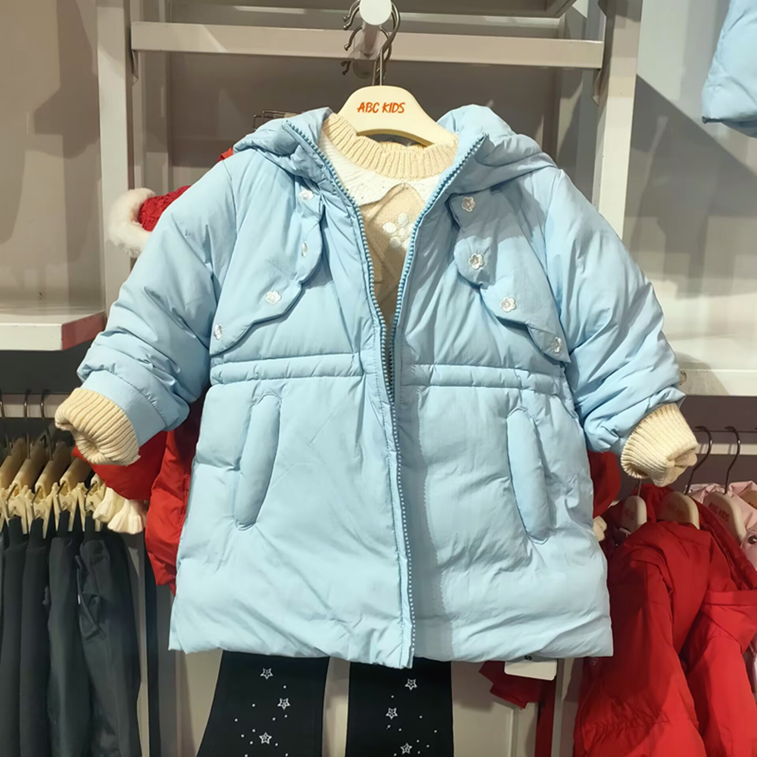 商场同款Abckids女童收腰中长款蓝色羽绒服连帽85%鸭绒保暖外套