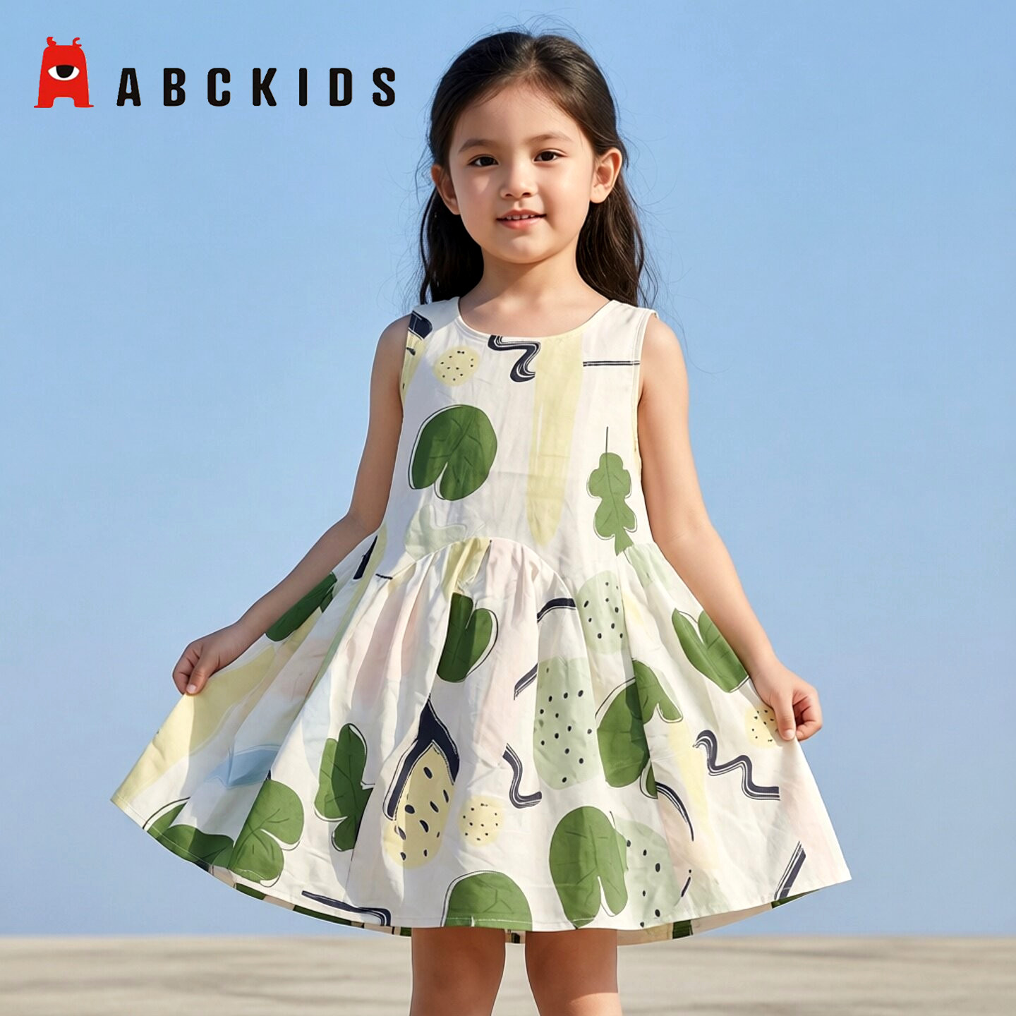 商场同款Abckids女童夏装无袖印花连衣裙夏日清凉风收腰大摆裙
