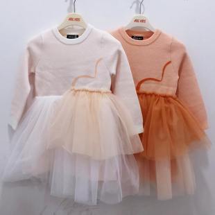 abckids童装女童公主风网纱连衣裙秋冬长袖蓬蓬裙小香风假两件套