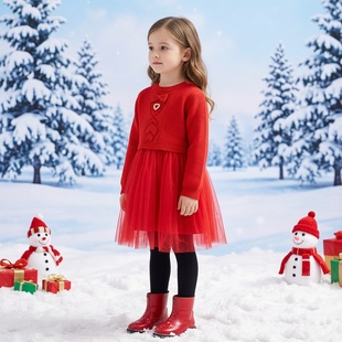 商场同款Abckids女童甜美红色针织网纱连衣裙爱心装饰洋气公主裙