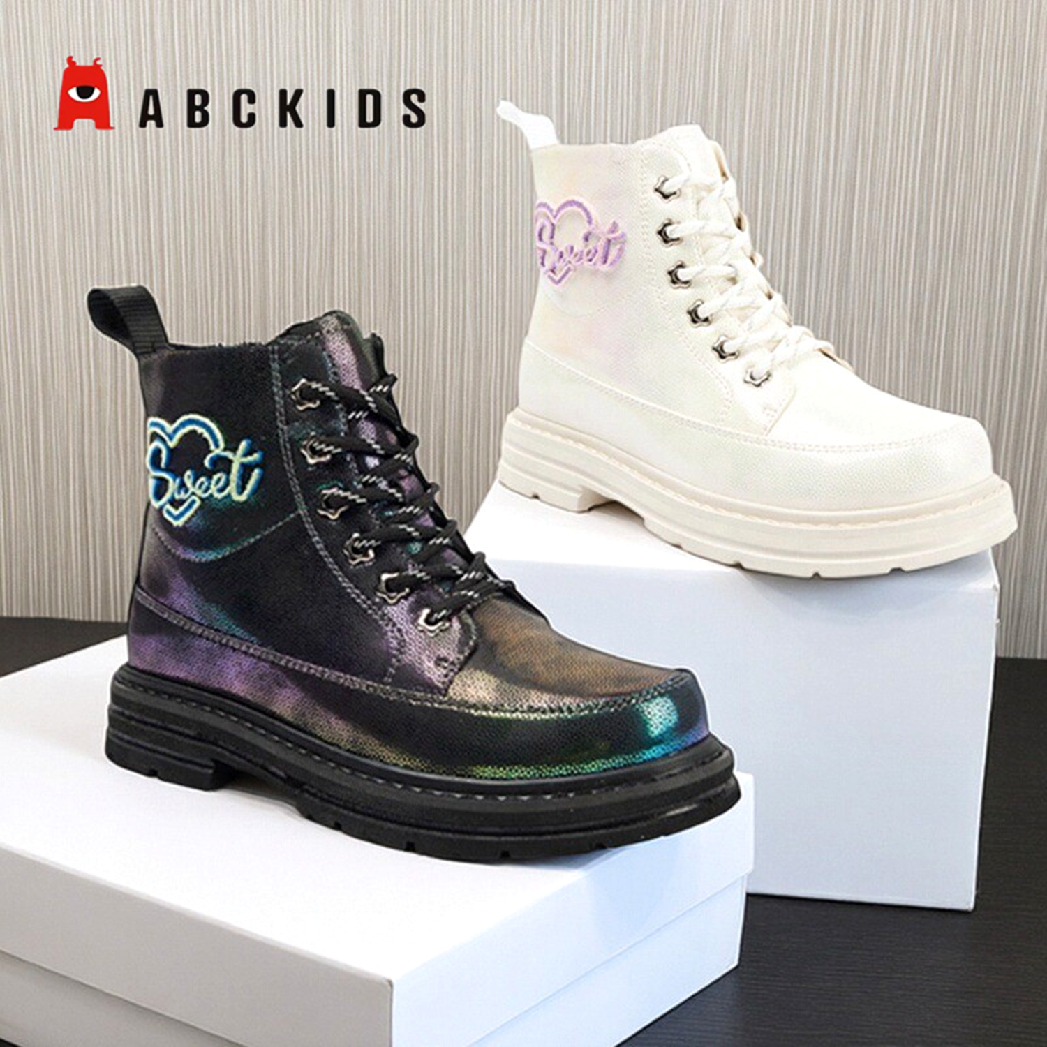 商场同款Abckids童鞋冬季女童时尚短靴儿童加绒保暖高帮马丁靴