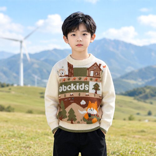 商场同款Abckids复古费尔岛风动物提花毛衣儿童圆领针织衫男女童
