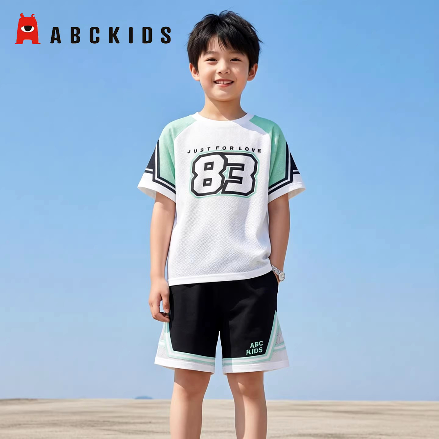 商场同款Abckids儿童运动套装男夏季新款数字印花短袖短裤两件套