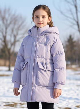 商场同款Abckids中长款连帽羽绒服2025冬季新款工装口袋百搭外套