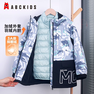 abckids童装男童羽绒服加绒两件套2025冬季新款中大童加绒冲锋衣