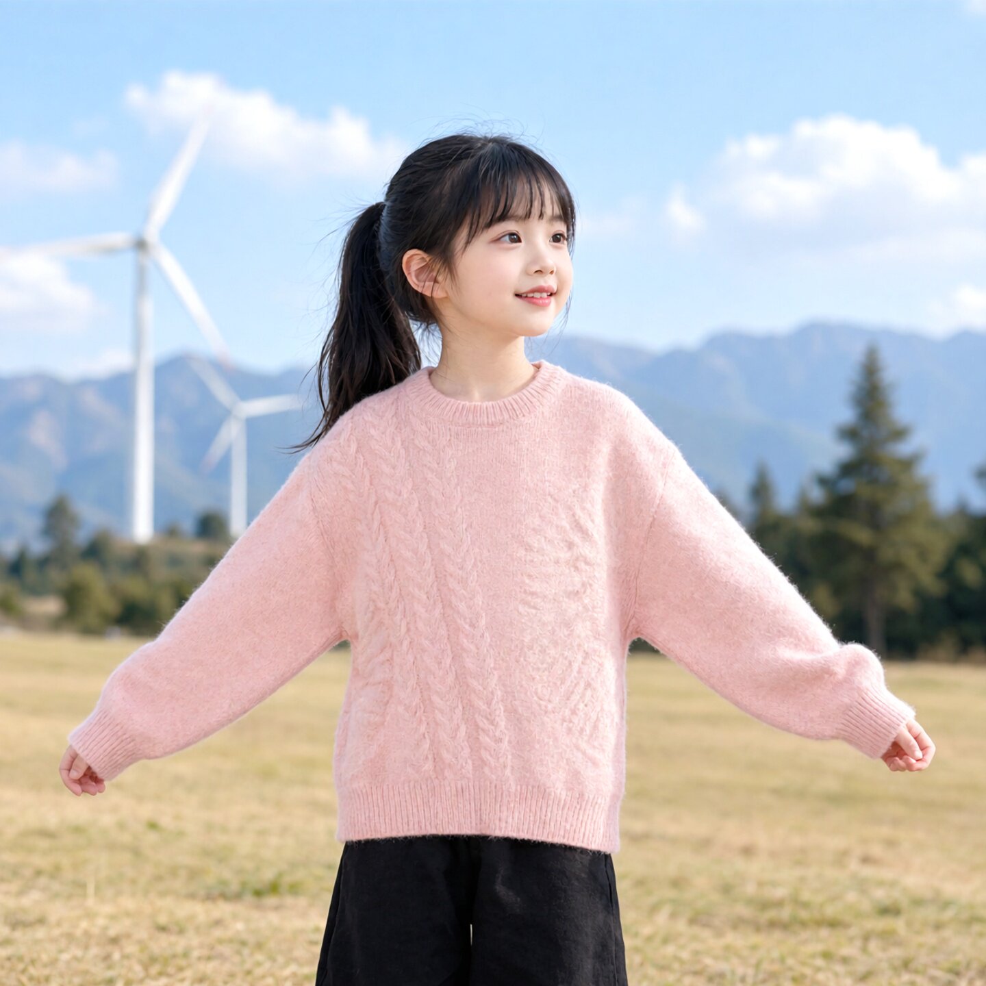 商场同款Abckids女童粉色麻花毛衣圆领套头针织衫秋冬款