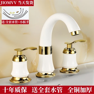 欧式 金色分体全铜面盆三孔水四件套冷热浴室柜洗脸盆双把手池龙头