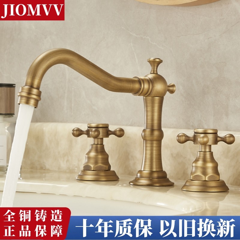 全铜欧式仿古三孔水龙头冷热洗脸盆面盆龙头卫生间分体式三件套