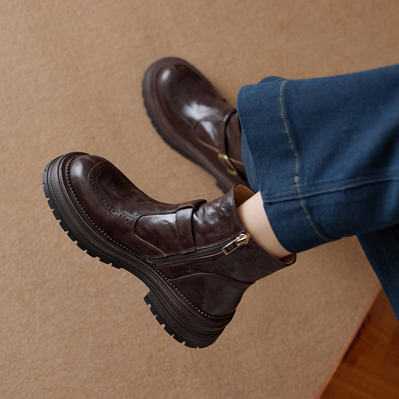 品牌真皮厚底英伦风马丁靴女棕色复古机车加绒美拉德百搭小短靴女,女鞋,马丁靴,淘宝优惠券,粉丝福利购,淘宝优惠卷