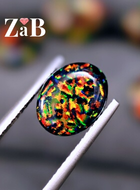 黑色炫彩欧泊石椭圆形蛋形8X10mm素面平底裸石DIY配石戒面吊坠石