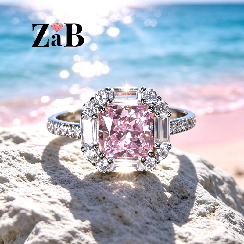 粉钻戒指女新品小清新原创设计925纯银镀18K白金活口戒指开口指环